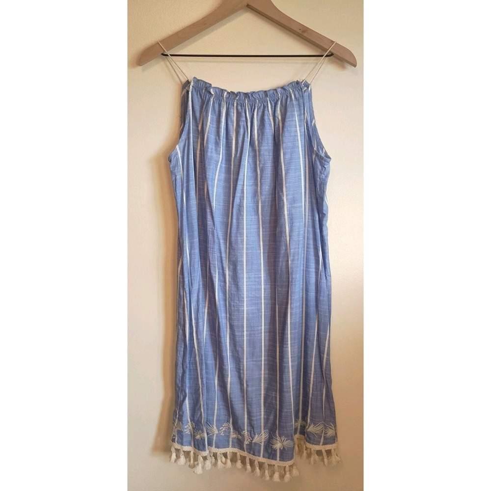 Knox Rose Blue Coastal Embroidered Tassel Dress Striped Boho Knee Length M